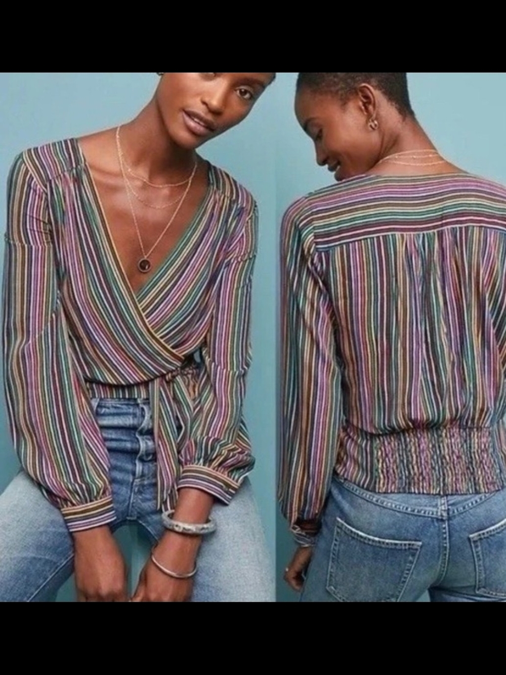 Maeve Anthropologie 0 Rainbow Striped Faux Wrap Blouse Tie Waist Boho Festival